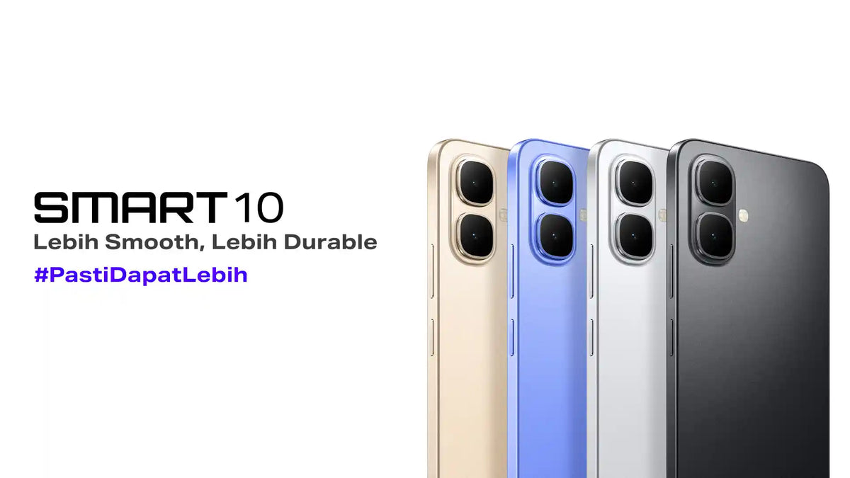 Infinix Smart 10 colour lineup from the side, gold, blue, silver and black