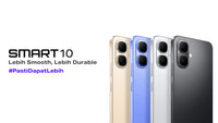 Infinix Smart 10 colour lineup from the side, gold, blue, silver and black