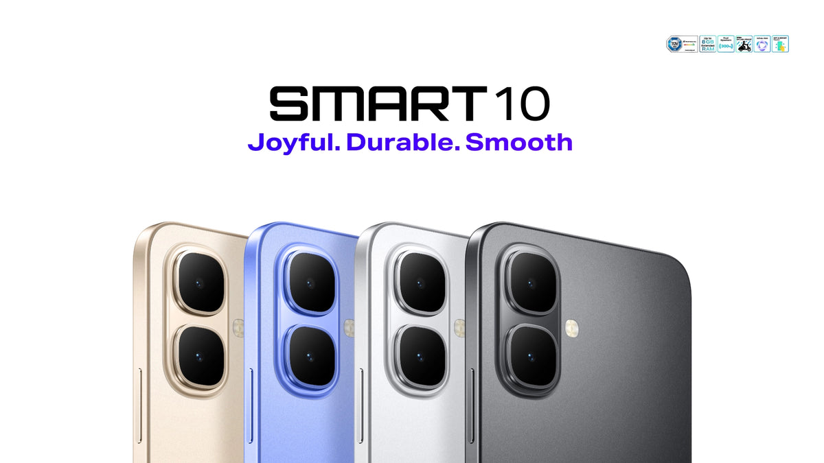 Infinix Smart 10 backs in Twilight Gold, Iris Blue, Titanium Silver and Sleek Black