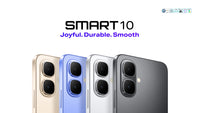 Infinix Smart 10 backs in Twilight Gold, Iris Blue, Titanium Silver and Sleek Black