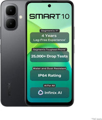 Infinix Smart 10 in Sleek Black, back beside the front with the SMART10 spec list on screen
