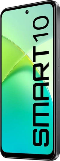 Infinix Smart 10 front three-quarter view in Sleek Black with the SMART10 logo on screen