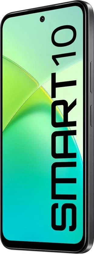 Infinix Smart 10 front three-quarter view in Sleek Black with the SMART10 logo on screen