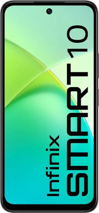 Infinix Smart 10 front face-on in Sleek Black showing the 6.67-inch punch-hole screen