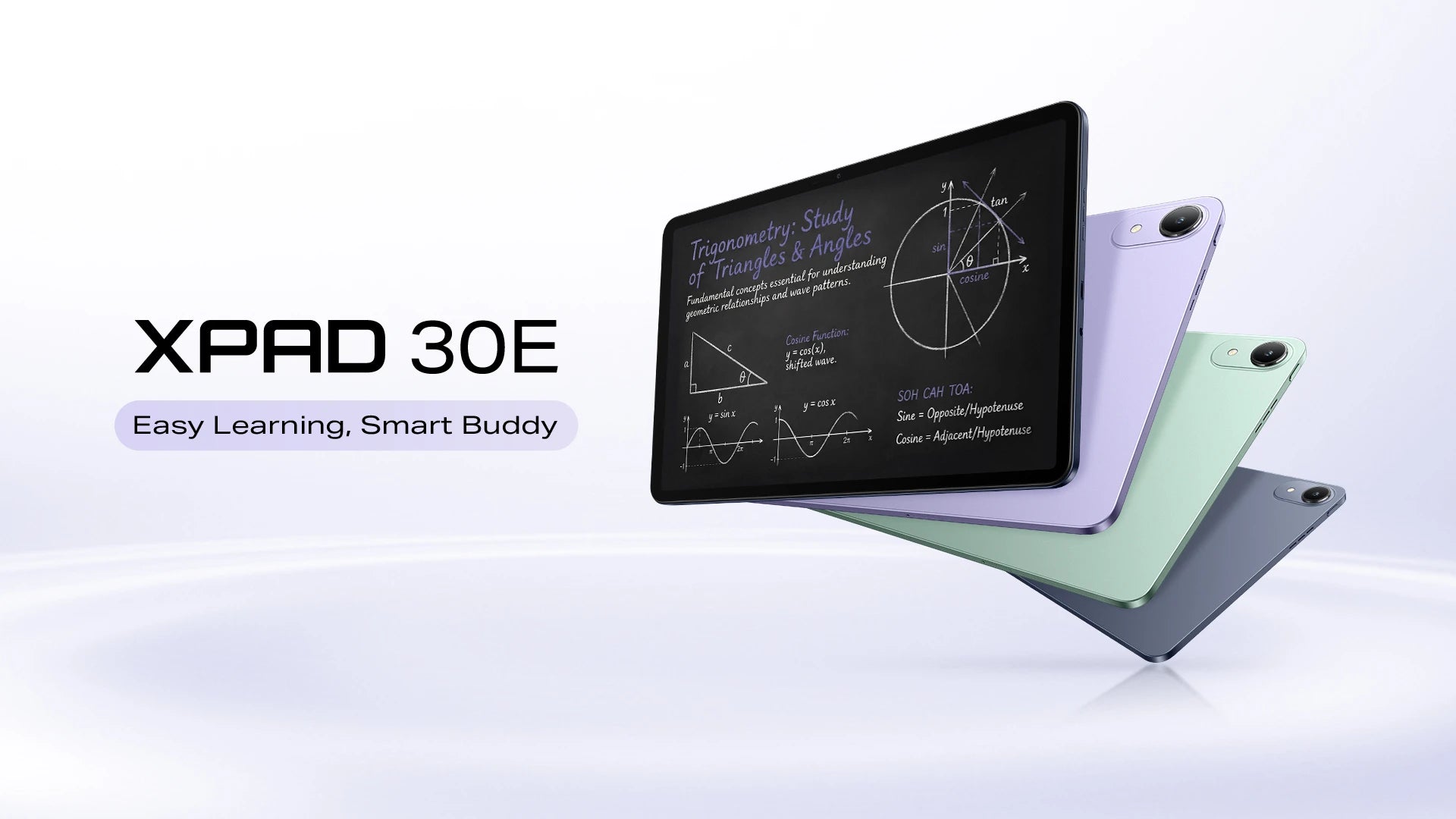 Infinix XPad 30E tablet in purple, green, and navy with the 11-inch screen on