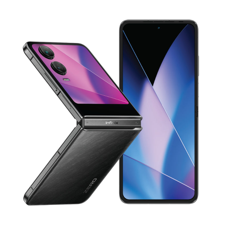 Infinix Zero Flip in Rock Black, closed cover screen and open main screen