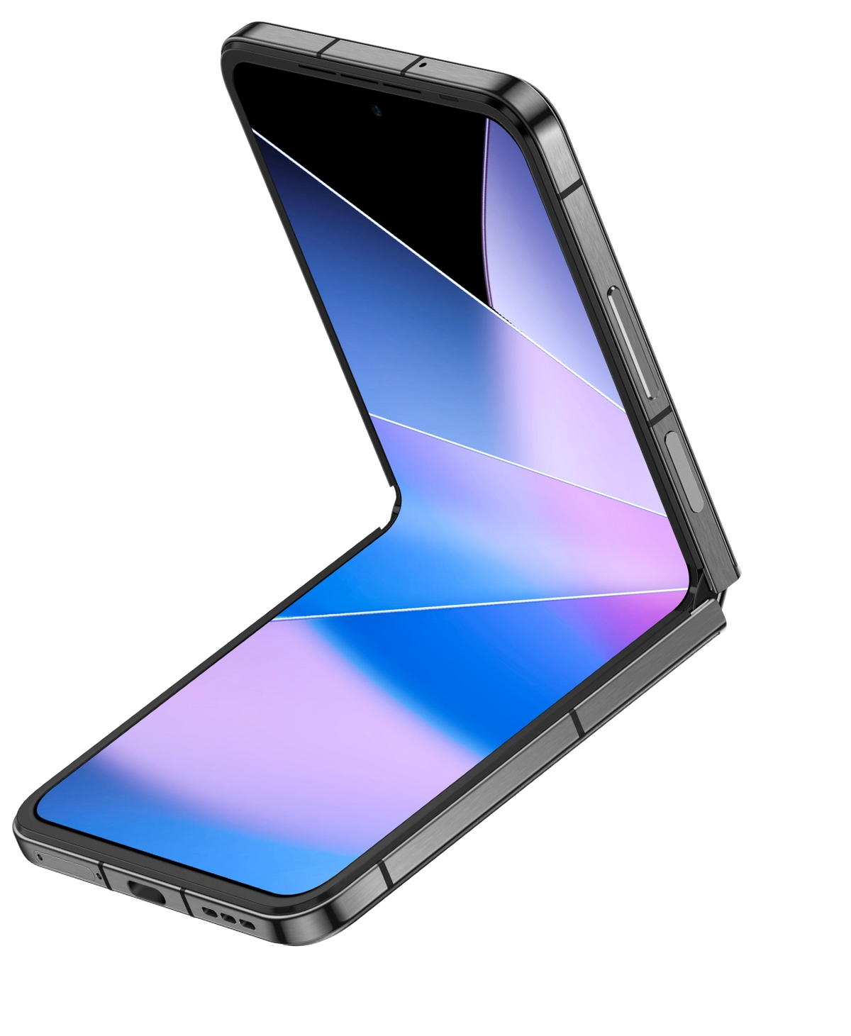Infinix Zero Flip in Rock Black unfolded, showing the 6.9-inch inner screen