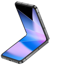 Infinix Zero Flip in Rock Black unfolded, showing the 6.9-inch inner screen