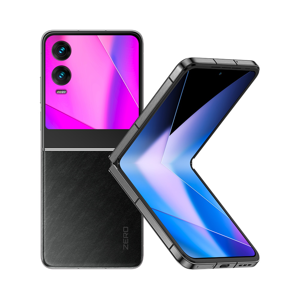Infinix Zero Flip in Rock Black, closed cover and half-open inner screen