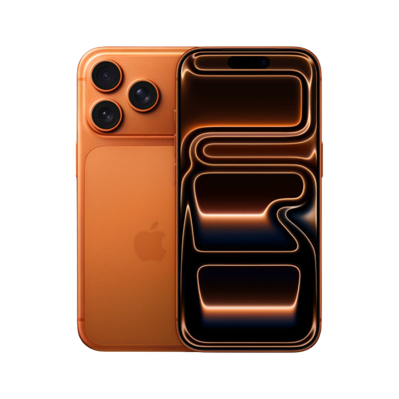 iPhone 17 Pro Max in Cosmic Orange, official front and back with the Fusion camera bar