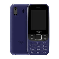 A dark blue itel 5081 feature phone with a 2.4-inch display showing the front keypad and camera, and the back side with the battery cover open.