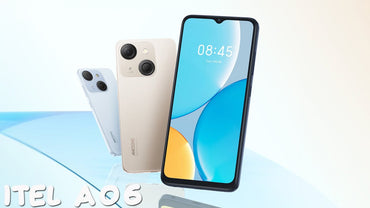 An itel A06 smartphone in gold color, showing the front display and dual rear cameras.
