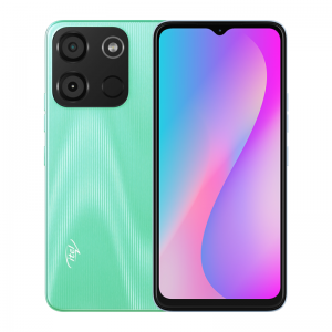 Green Itel A18s smartphone shown from the front and back, displaying the screen, dual rear cameras
