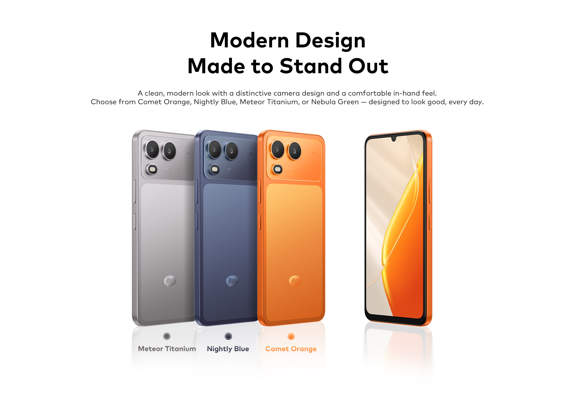 itel A200 official colour lineup in orange, blue, titanium, and green