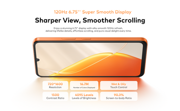 itel A200 front in Comet Orange showing the 6.75-inch 120Hz display