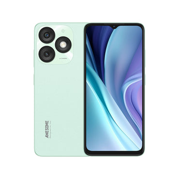 A itel A50 smartphone showing the front display and dual rear camera setup, in a green color.