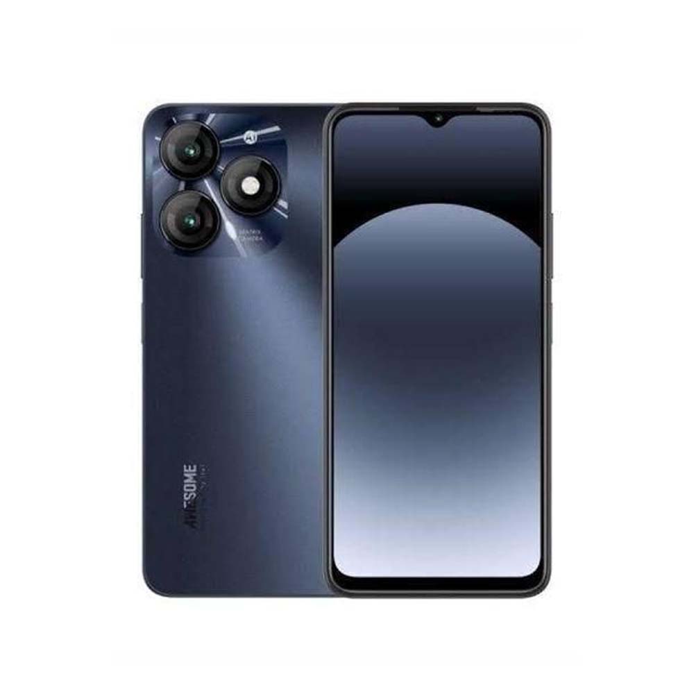 A itel A50 smartphone showing the front display and dual rear camera setup, in a dark color.