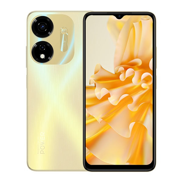 A gold itel P55 5G smartphone featuring a dual camera system on the back and a display with a notch.