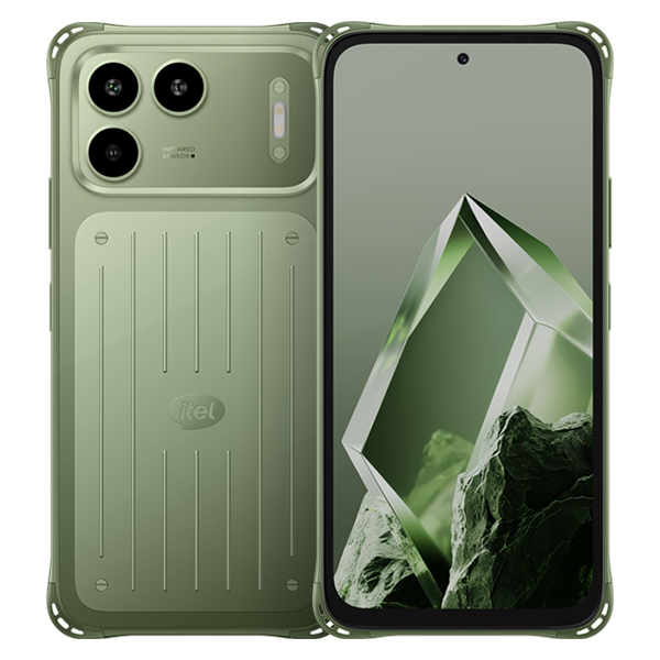 itel P80 in Tundra Green, official front and back with the 50MP camera island