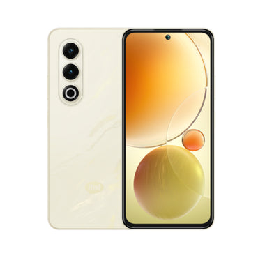 itel S25 in Sahara Gleam cream, back and front with an orange orb wallpaper