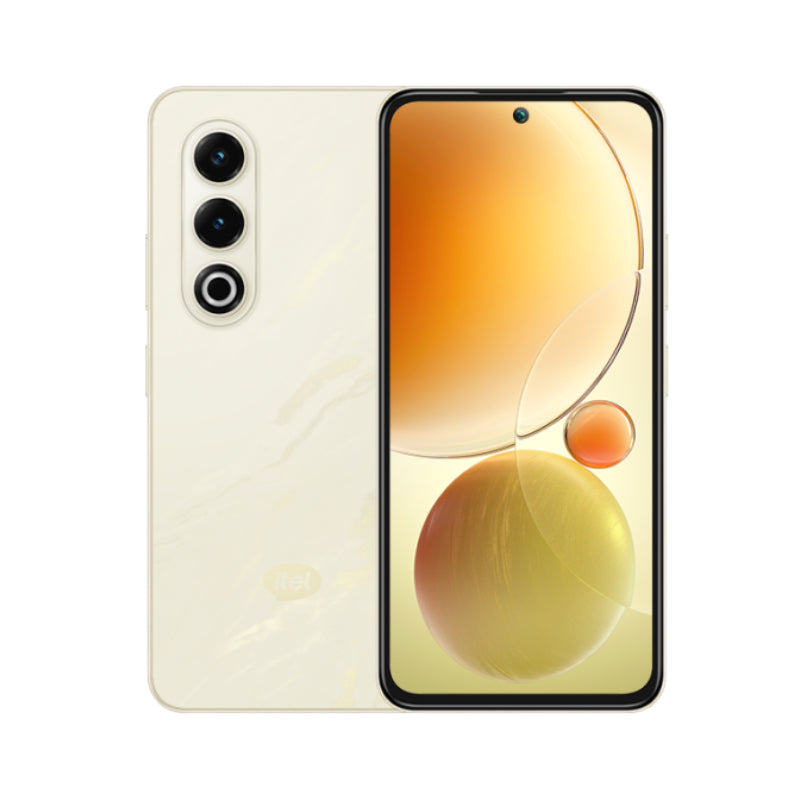 itel S25 in Sahara Gleam cream, back and front with an orange orb wallpaper