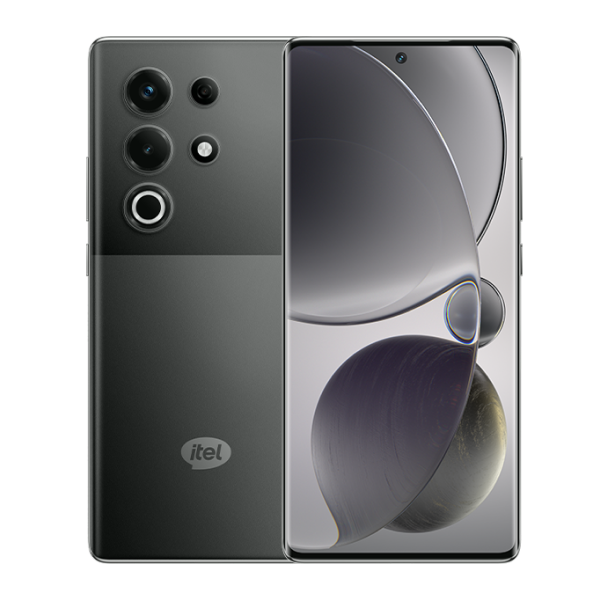 itel S25 Ultra in bromo black, back and front with the curved AMOLED screen