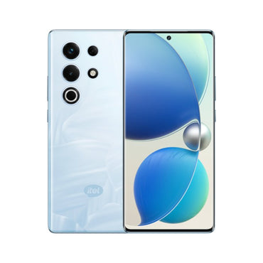 itel S25 Ultra in komodo ocean light blue, back and front with a blue wallpaper