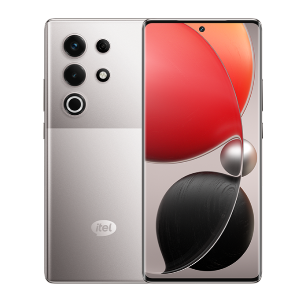 itel S25 Ultra in meteor titanium, back and front with the 50MP camera island