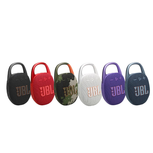 A collection of JBL Clip 5 Portable Bluetooth Speakers in various colors including black, red, camouflage, white, and purple.