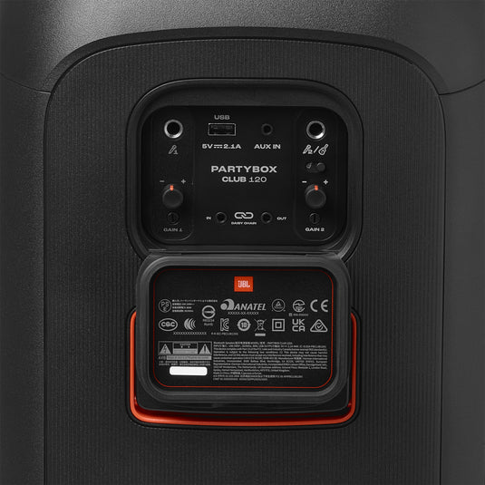 JBL PartyBox Club 120 rear input ports showing microphone, USB, AUX and charging connections