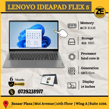 Lenovo IdeaPad Flex 5 laptop displayed at a store, showing its screen, keyboard, and theLenovo logo.