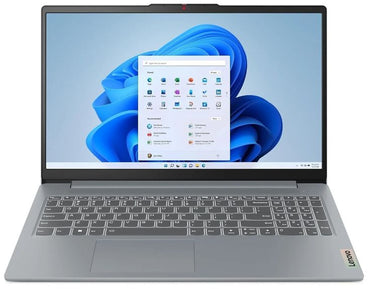 Lenovo IdeaPad Slim 3 laptop with a silver chassis, displaying Windows 11 on a full-size keyboard and screen.