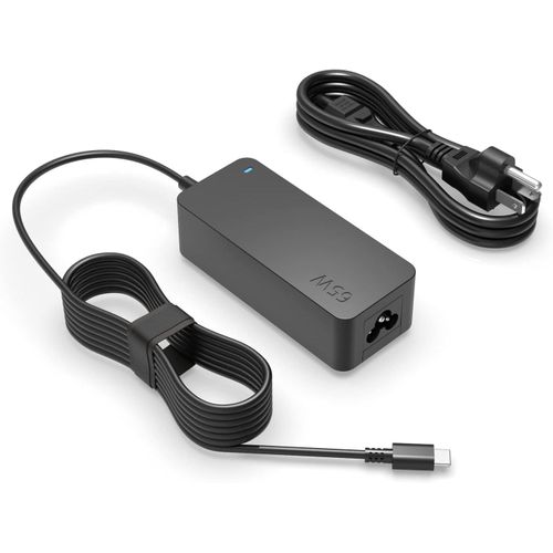 A Lenovo ThinkPad Type-C USB-C laptop charger with a power cord and a US plug.