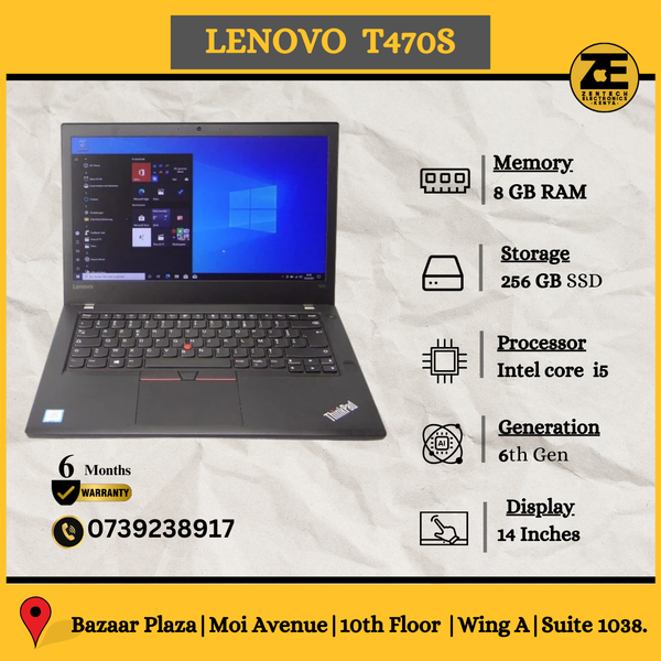 Lenovo ThinkPad T470s laptop with Intel Core i5 processor, 8GB RAM, and 256GB SSD displayed on a table with key features highlighted.