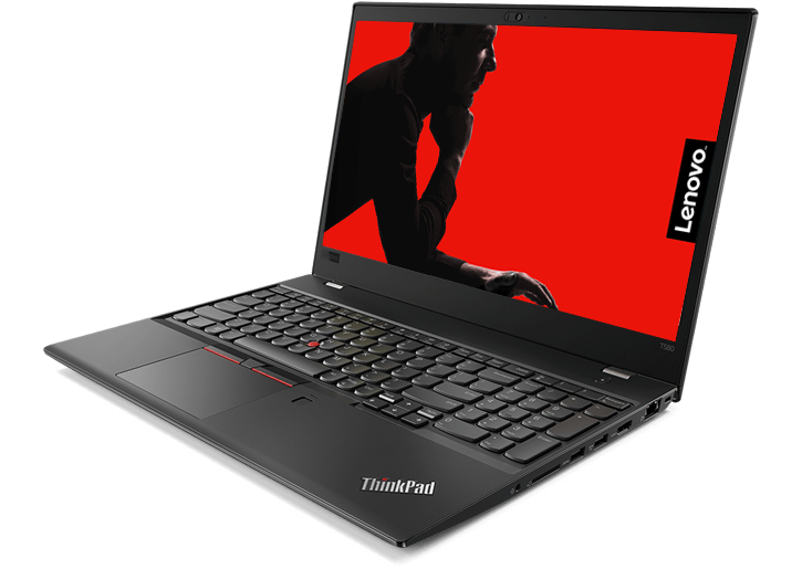 Lenovo ThinkPad T580 in open display with a a red screen