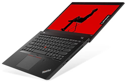 Lenovo ThinkPad T580 laptop with a black keyboard and a red display screen showcasing the Lenovo logo.