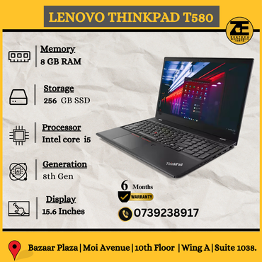 Lenovo ThinkPad T580 laptop with a black keyboard and a display showing a colorful screen, indicating it's powered on.