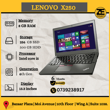 Lenovo ThinkPad X250 laptop with Intel Core i5 processor, 8GB RAM, and 256GB SSD, displayed on a table with its specifications listed alongside.