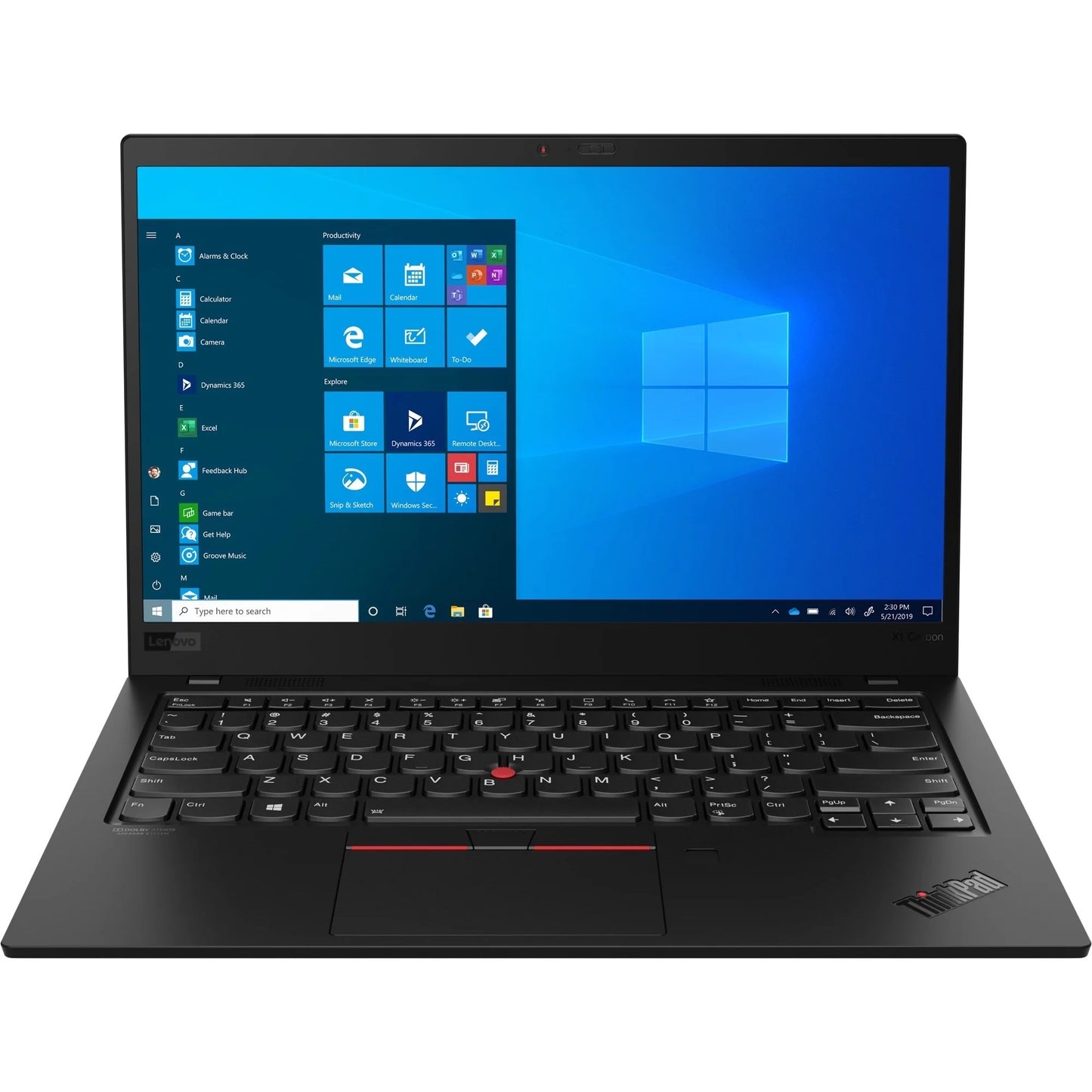 Lenovo ThinkPad X1 Carbon laptop with a black keyboard and a display showing the Windows desktop screen.