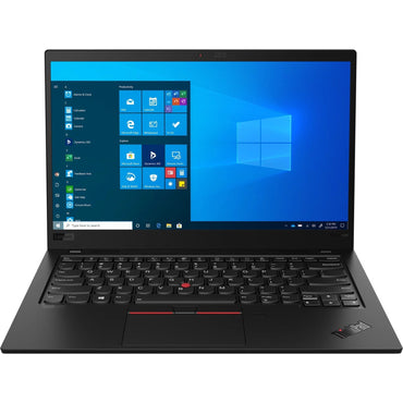 Lenovo ThinkPad X1 Carbon laptop with a black keyboard and a display showing the Windows desktop screen.