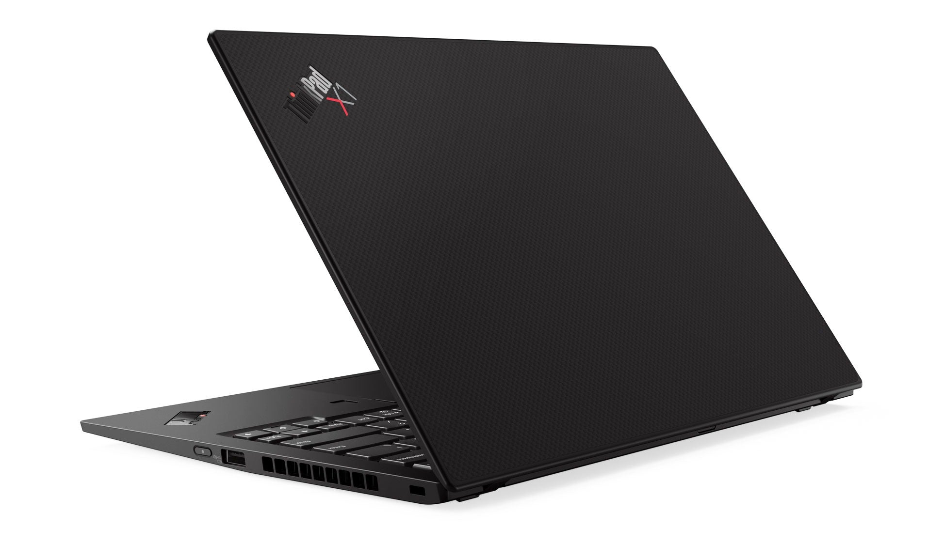 Lenovo ThinkPad X1 Carbon laptop shown from the back, displaying the carbon fiber chassis and the Lenovo logo.