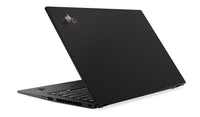 Lenovo ThinkPad X1 Carbon laptop shown from the back, displaying the carbon fiber chassis and the Lenovo logo.