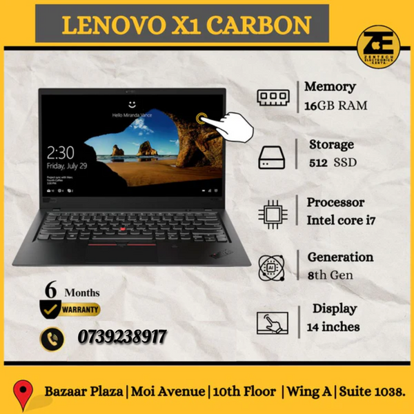 Lenovo X1 Carbon laptop advertisement image showcasing the 14-inch display, Intel Core i7 processor, 16GB RAM, and 512GB SSD storage configurations, available in both touch and non-touch variants.