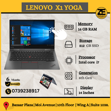 Lenovo X1 Yoga laptop displayed in various configurations showcasing its 14-inch touchscreen display, Intel Core i7 processor, and 16 GB RAM and 512 GB SSD storage configurations.