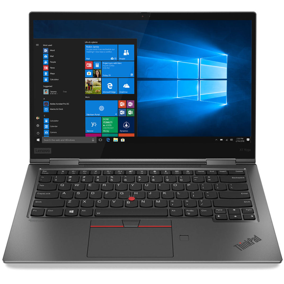 Lenovo ThinkPad X1 Yoga laptop with 14-inch touchscreen, Intel Core i5 processor, 8GB RAM, and 256GB SSD. The laptop is open, displaying Windows desktop screen, and is placed on a flat surface.