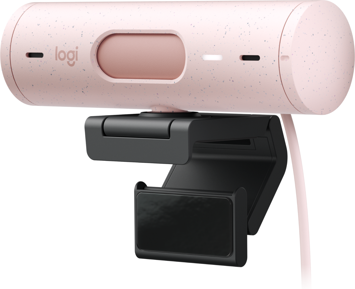 Logitech Brio 500 Pink webcam front view with glass lens and privacy shutter