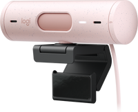 Logitech Brio 500 Pink webcam front view with glass lens and privacy shutter