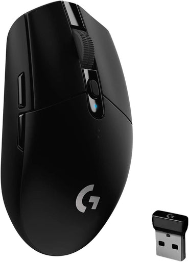 Logitech G G305 LIGHTSPEED Wireless Mouse in black color with a USB nano receiver.