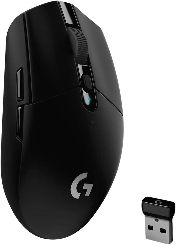 Logitech G G305 LIGHTSPEED Wireless Mouse in black color with a USB nano receiver.