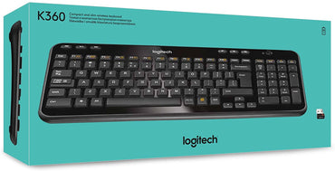 Packaging box of Logitech K360 Bluetooth Wireless Keyboard displaying the keyboard and its brand name.